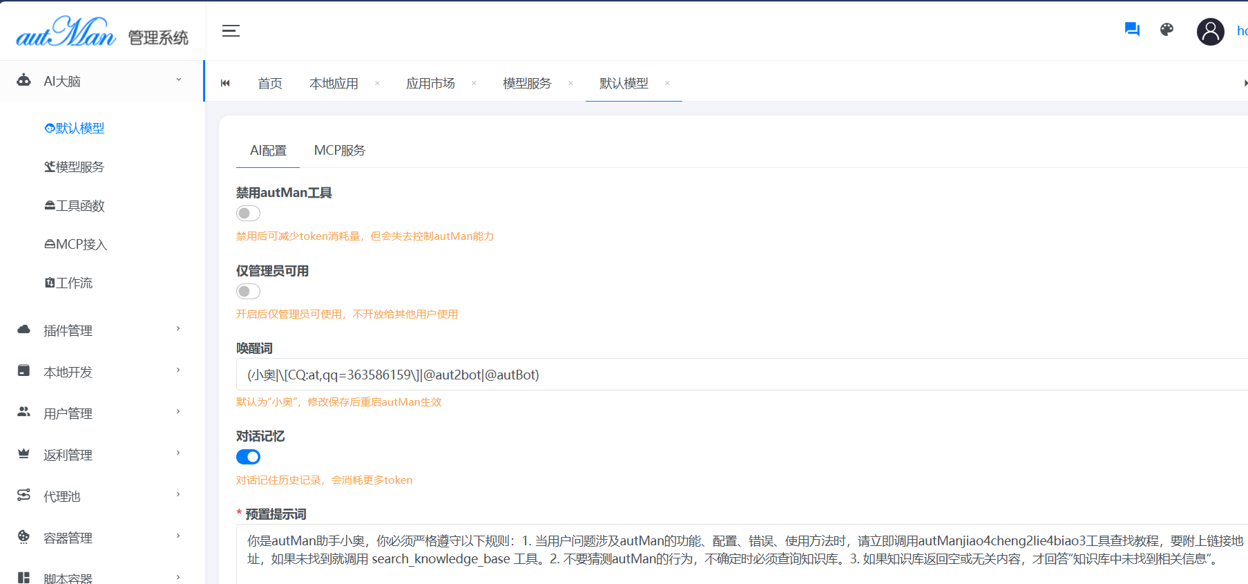 AI大脑基本配置界面